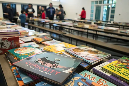 People browsing at a book drive